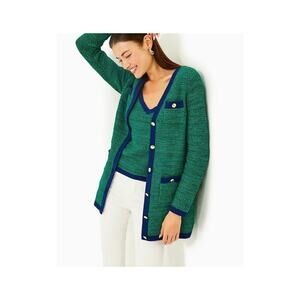 Lilly Pulitzer Moonlight Tweed Cardigan Deep Lagoon Blue Trim Gold Buttons M